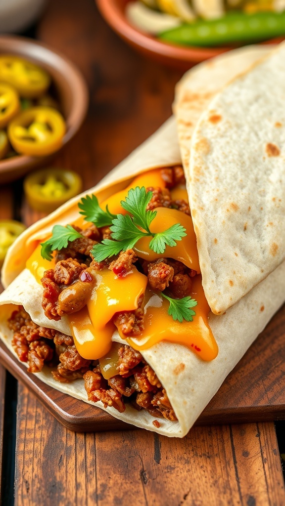 Sloppy Joe Tortilla Wraps Recipe A Sloppy Joe tortilla wrap filled with beef and cheese, garnished with parsley, on a wooden table with pickles.